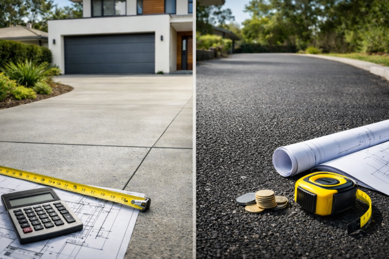 Concrete driveway vs asphalt driveway cost comparison with measuring tools and modern residential paving surfaces