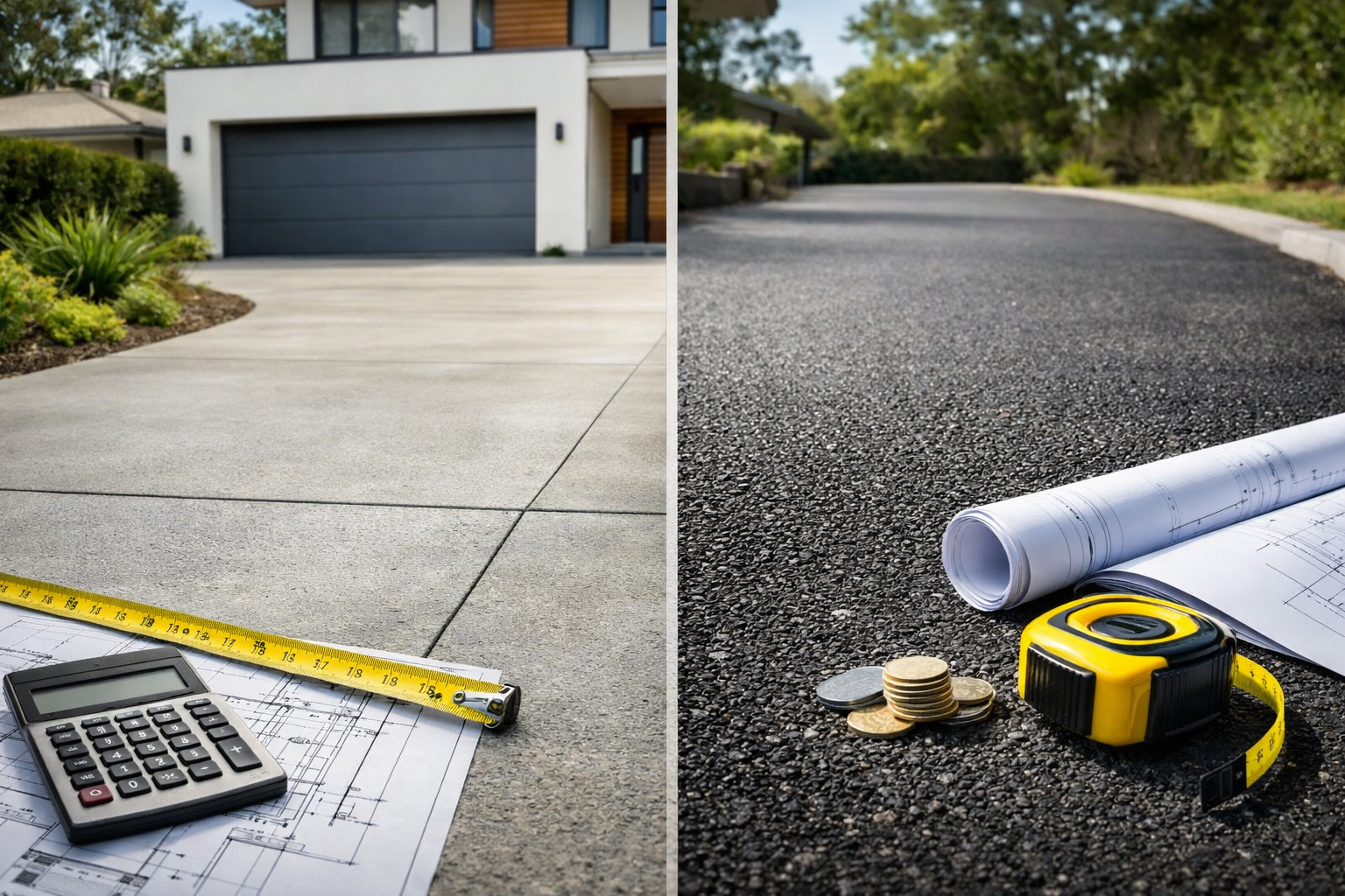 Concrete driveway vs asphalt driveway cost comparison with measuring tools and modern residential paving surfaces